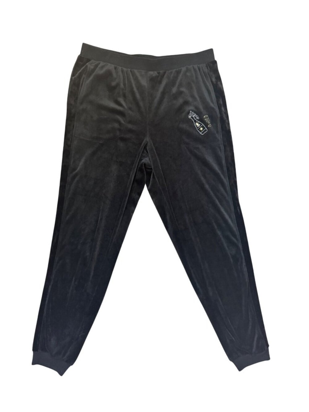 Betsey Johnson Black Velour Jogger Pants Champagne Embroidery Womens M